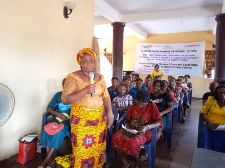 A participant asking a question at a town hall meeting on ending violence against women and girls at Ugwogo-Nike, Enugu state on 18 March 2020
